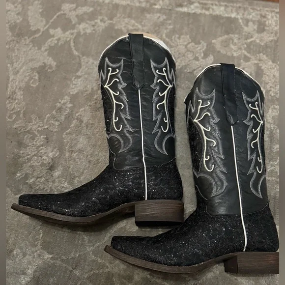TANNER MARK COWBOY BOOTS 9.5 Black/white Shimmery Western Cowboy Boots NEW - Picture 5 of 13